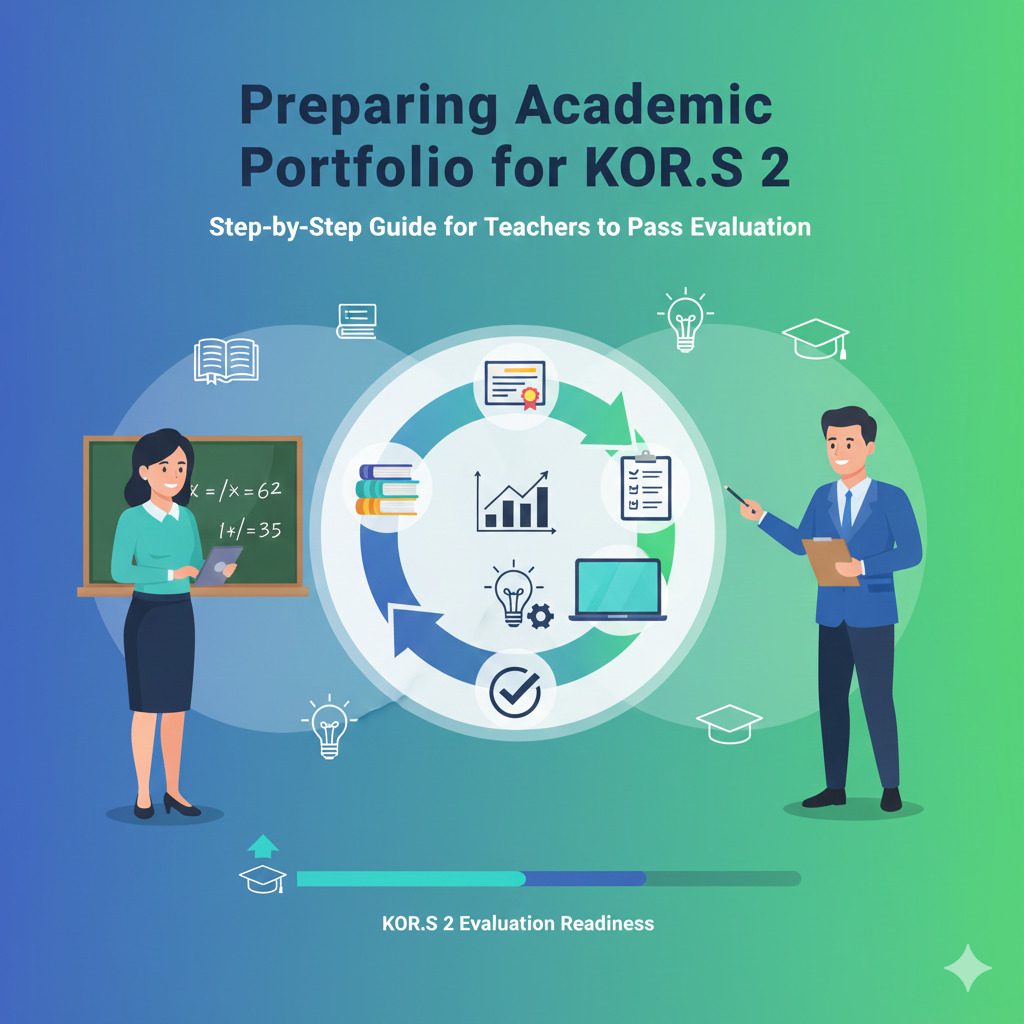 ภาพหน้าปกสไตล์อินโฟกราฟิกแสดงการเตรียมผลงานวิชาการค.ศ.2 ของครูและผู้บริหาร มีครูผู้หญิงสอนหน้ากระดาน ผู้บริหารชายถือแล็ปท็อปและคลิปบอร์ด พร้อมกราฟ แผนภูมิ และเช็คลิสต์ แสดงความพร้อมและความก้าวหน้าในการจัดทำผลงานวิชาการ