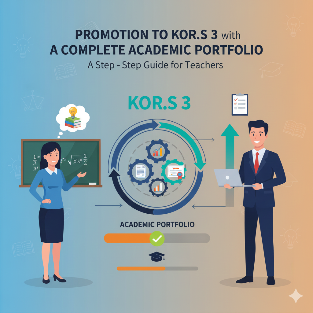 ภาพหน้าปกสไตล์อินโฟกราฟิกแสดงการเลื่อนขั้นค.ศ.3 ของครูและผู้บริหาร มีครูผู้หญิงสอนอยู่หน้ากระดาน ผู้บริหารชายถือแล็ปท็อปและคลิปบอร์ด พร้อมกราฟ แผนภูมิ และเช็คลิสต์ แสดงความก้าวหน้าในอาชีพและการจัดทำผลงานวิชาการครบสูตร