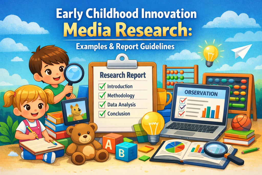Early childhood innovation media research cover showing learning media, research report, and data analysis for preschool education