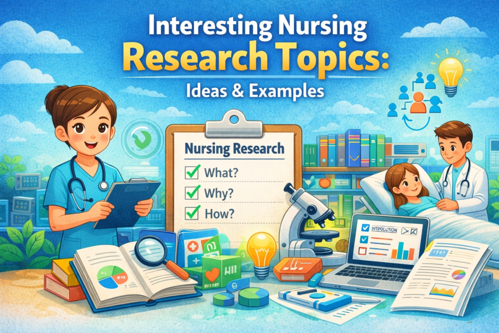 Interesting nursing research topics cover showing nurses, research checklist, charts, and patient care concepts