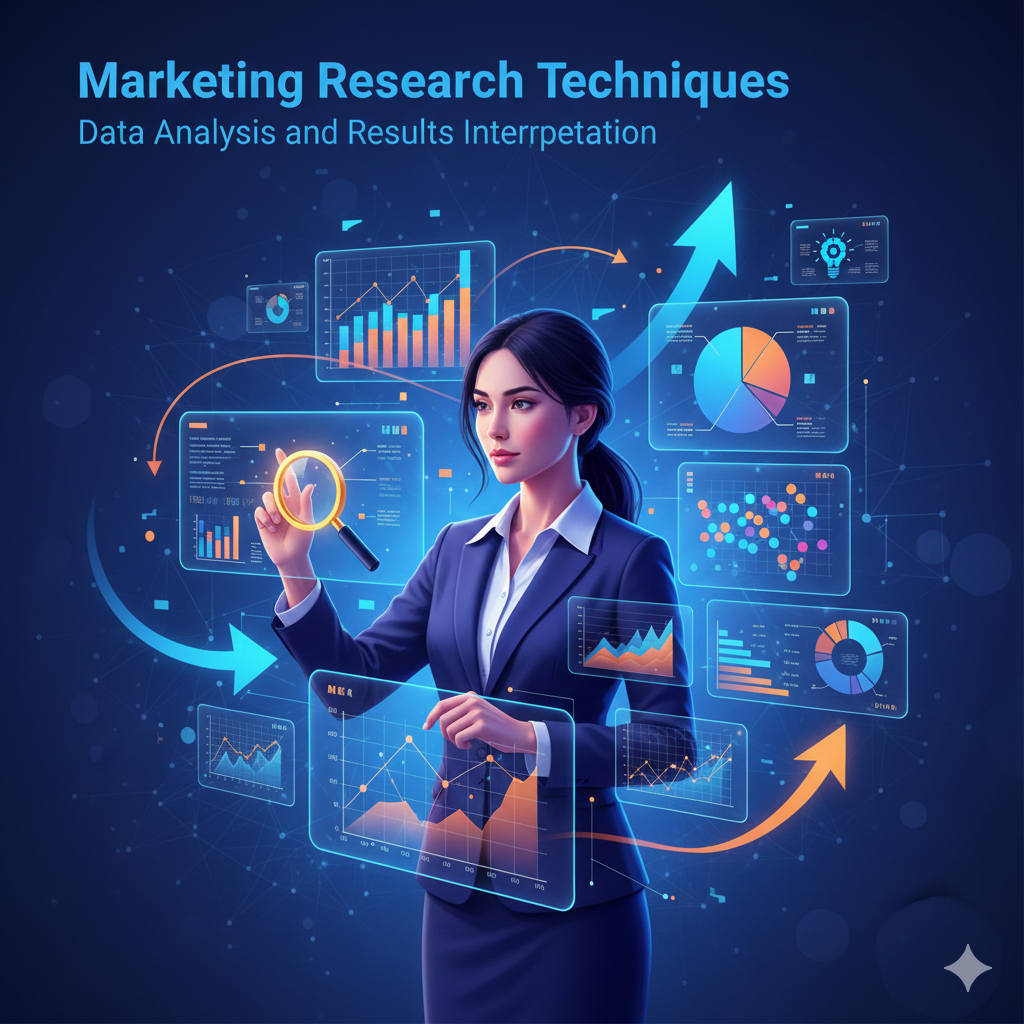 ภาพหน้าปกวิจัยการตลาด แสดงนักวิเคราะห์ตลาดกำลังใช้แดชบอร์ดและกราฟเพื่อวิเคราะห์ข้อมูลและสรุปผล