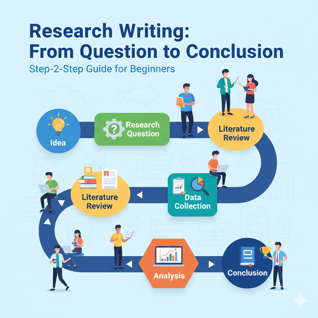 ภาพปกอินโฟกราฟิกสำหรับคู่มือการเขียนงานวิจัย แสดงขั้นตอนตั้งแต่ไอเดียจนถึงสรุปผล พร้อมนักเรียน หนังสือ และกราฟ