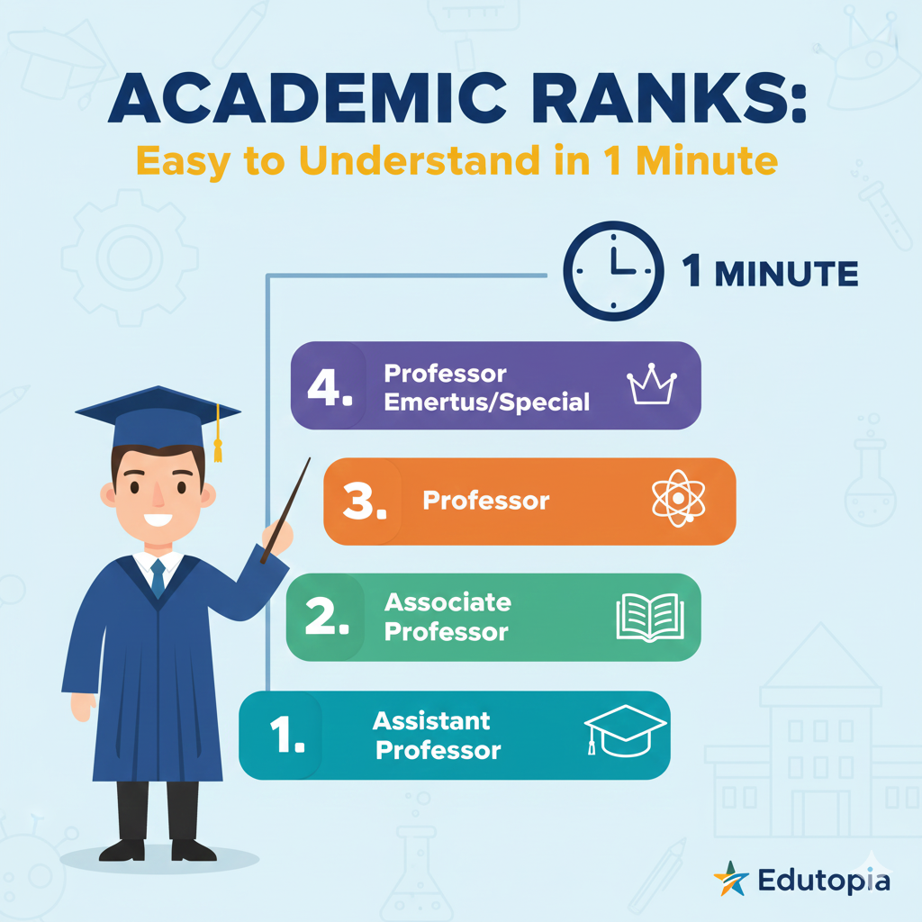 Infographic showing the 4 academic ranks for teachers in Thailand with a professional teacher character and a 1-minute timer icon