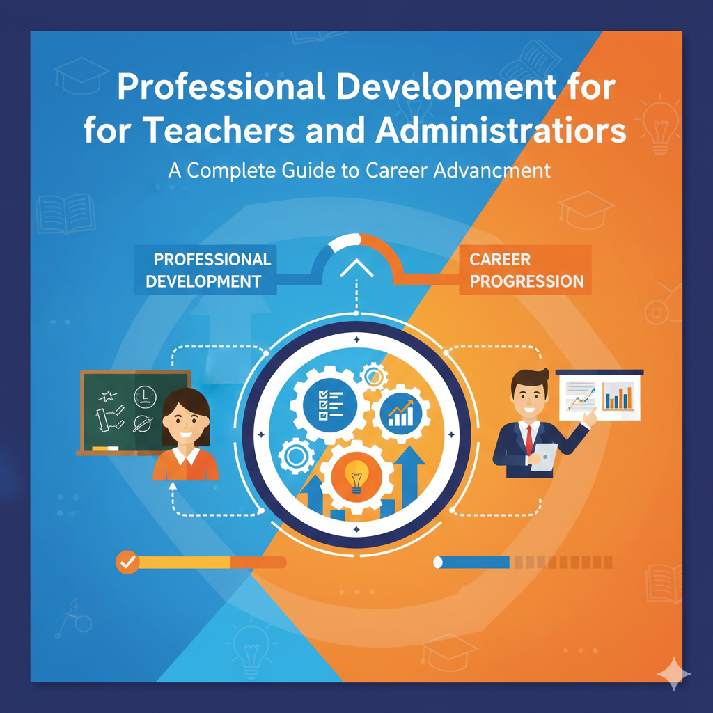 คู่มือวิทยฐานะสำหรับครูและผู้บริหารมือใหม่ แสดงไอคอนครู ผู้บริหาร และกราฟการพัฒนาวิชาชีพ