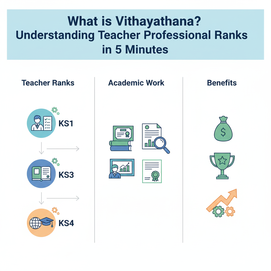 อินโฟกราฟฟิกแสดงลำดับวิทยฐานะครู KS1 ถึง KS4 พร้อมไอคอนผลงานวิชาการและสิทธิประโยชน์ เพื่อเข้าใจวิทยฐานะภายใน 5 นาที